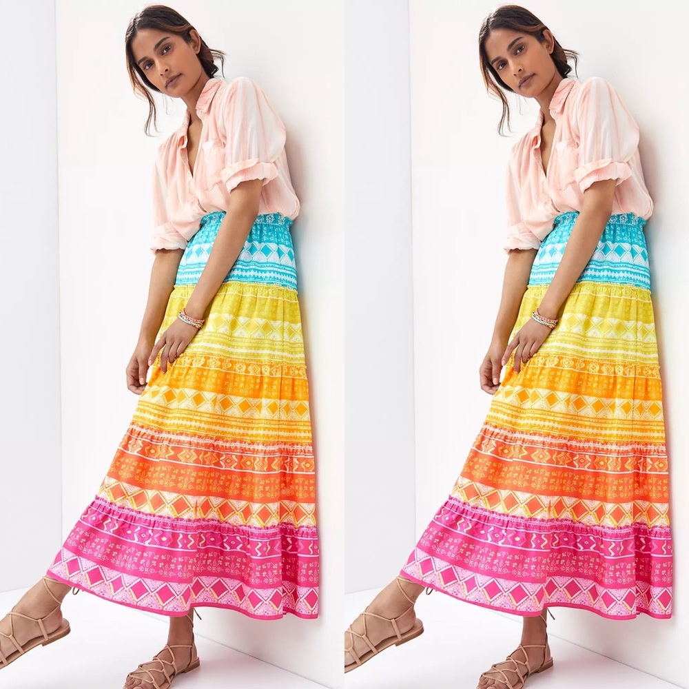 New Anthropologie Geisha Designs Rainbow Tiered Maxi Skirt Size Medium